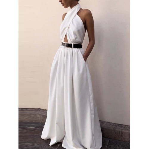 Women Backless Solid Color Hanging Neck Loose Sleeveless Jumpsuits With Pocket