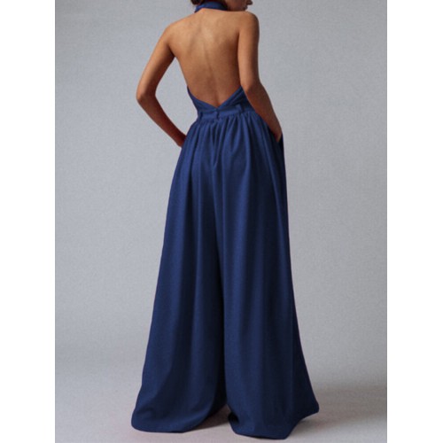 Women Backless Solid Color Hanging Neck Loose Sleeveless Jumpsuits With Pocket