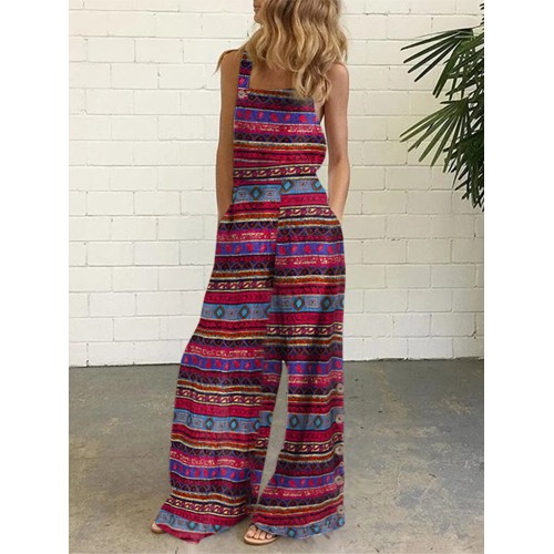 Women Cotton Ethnic Style Print Sleeveless Side Button Jumpsuit