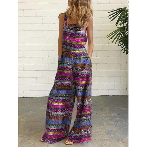 Women Cotton Ethnic Style Print Sleeveless Side Button Jumpsuit
