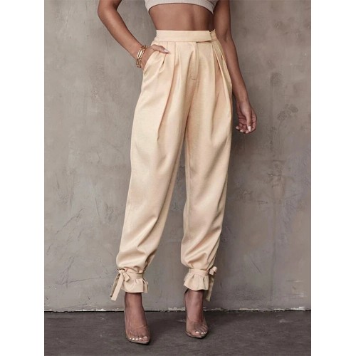 Women Elegant Hight Waist Suit Trousers Pockets Ankle Straps Harem Pants