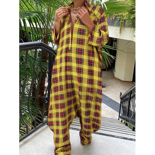 Women Plaid Pattern Long Lapel Button Loose Casual Street Jumpsuits