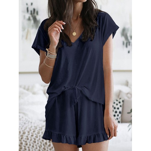 Solid Color Home Loungewear V-neck Short Sleeve Two Piece Set