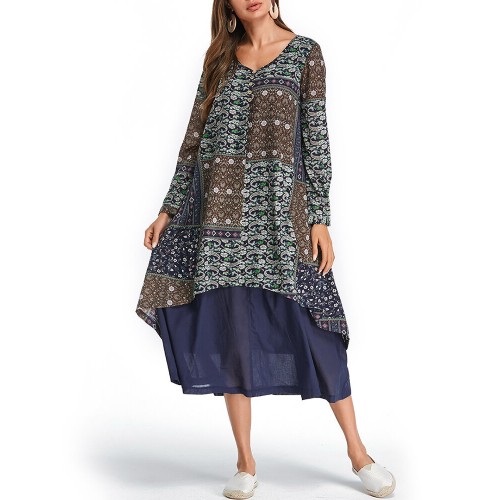 Plus Size Floral Long Sleeve Patchwork Dress with Pockets