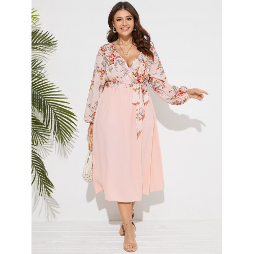Plus Size V Neck Floral Print Belt Design Patchwork Dress