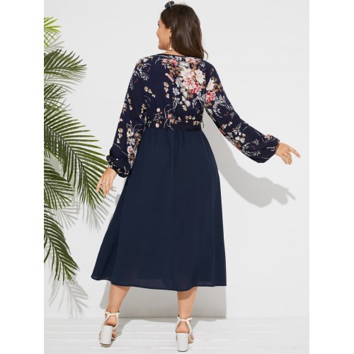 Plus Size V Neck Floral Print Belt Design Patchwork Dress