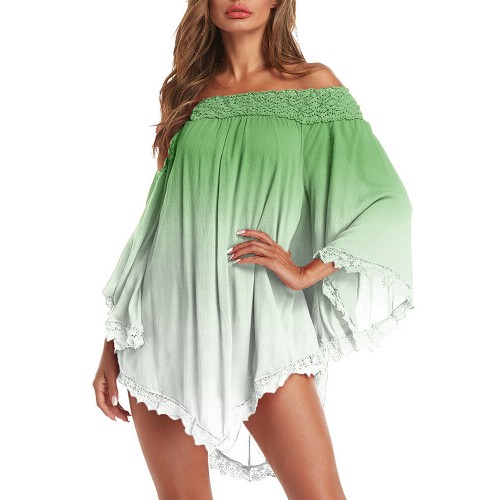 Women Loose Lace Gradient Trumpet Sleeve Irregular Hem Off Shoulder Dress