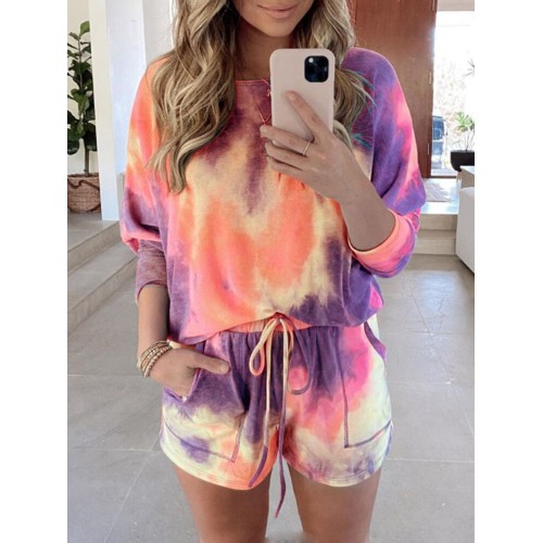 Tie Dye Women Long Sleeve Drawstring Pocket Shorts Casual Home Two-piece Set