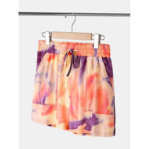 Tie Dye Women Long Sleeve Drawstring Pocket Shorts Casual Home Two-piece Set