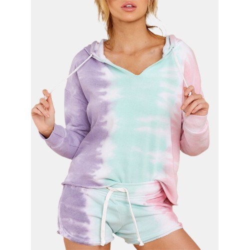 Women Design Tie Dye Hooded Long Sleeve Drawstring Simple Home Pajama Set