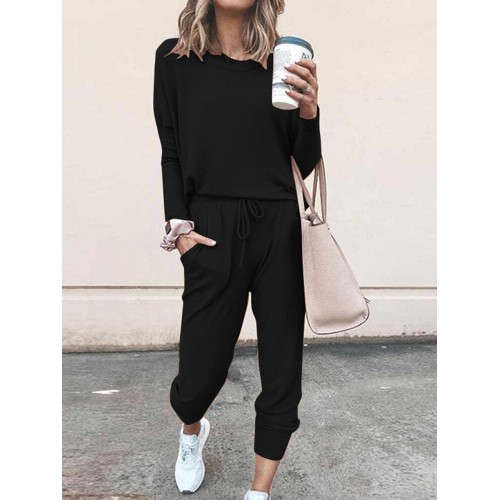 Women Side Pockets Solid Fitting Maxi Length Casual Two-Piece Sets