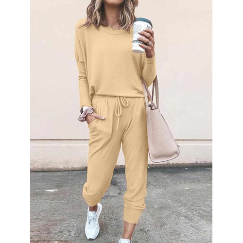Women Side Pockets Solid Fitting Maxi Length Casual Two-Piece Sets