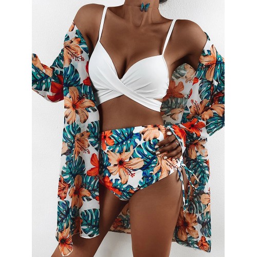 Tropical Plants Print High Waisted Bikinis Swimwear Three-piece Sets With Cover Up
