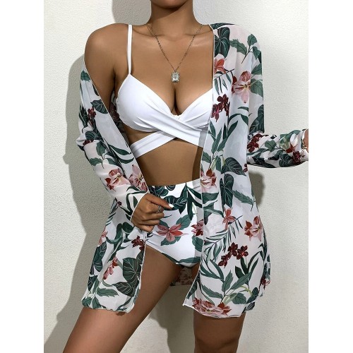 Tropical Plants Print High Waisted Bikinis Swimwear Three-piece Sets With Cover Up