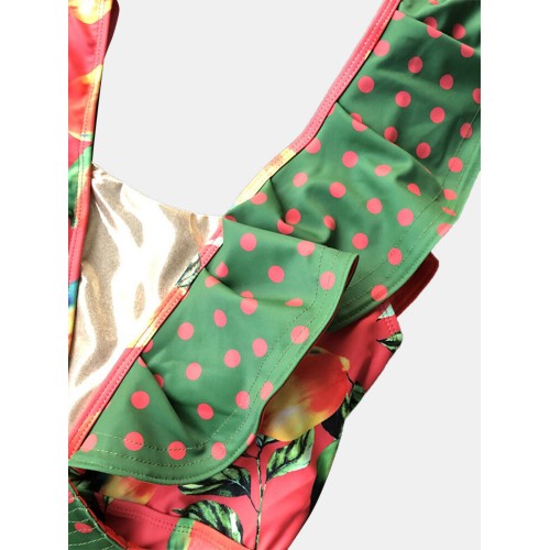 Women Floral Printing Ruffle Trims V-Neck Backless Lace-Up Holiday Beach One Piece