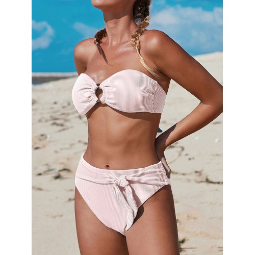 Women Rib Strapless Hot Backless Bandeau High Waist Bikini