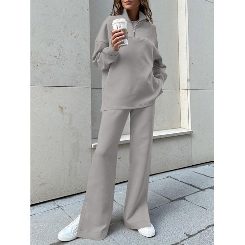 Women Turtleneck Solid Color Ankle Length Zipper Elastic Waist Two-Piece Sets