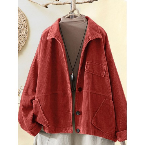 Corduroy Turn-down Collar Long Sleeve Vintage Casual Coats for Women