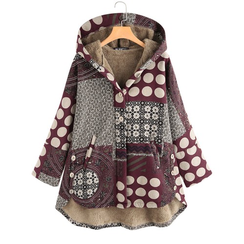 Vintage Women Printed Hooded Button Coats with Pockets