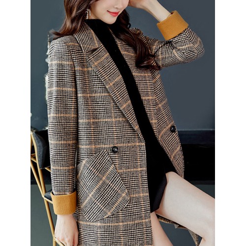 Women Classic Plaid Double Breasted Long Sleeve Coat With Pocket