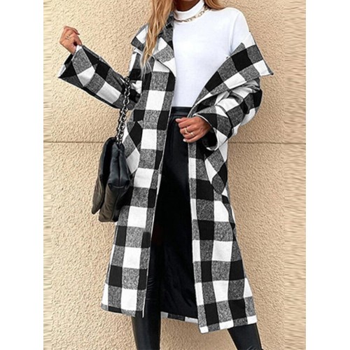 Women Lattice Plaid Printed Calf Length Lapel Side Pockets Casual Coats
