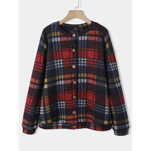 Women Vintage Plaid Button Up Casual Long Sleeve Coats