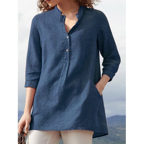 Women 3/4 Sleeve V Neck Button Down Tops Casual Loose Shirts Blouse