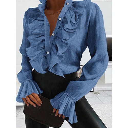 Women Casual V-Neck Solid Color Ruffles Long Sleeve Casual Blouse