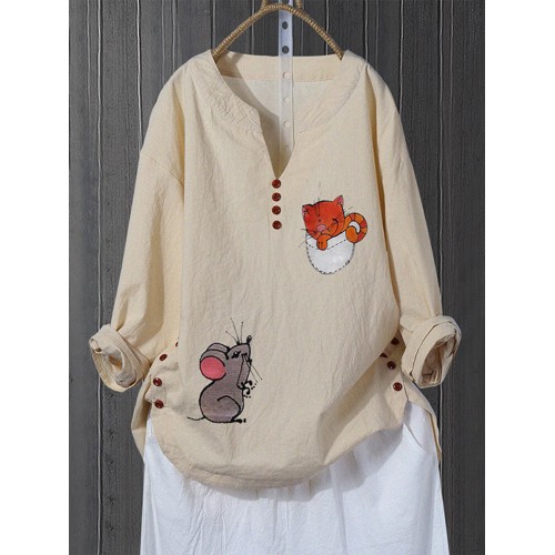 Women Long Sleeve Cat and Mouse Print Button Autumn Shirts