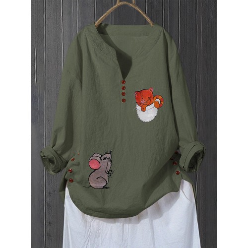 Women Long Sleeve Cat and Mouse Print Button Autumn Shirts