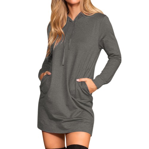 Women Pullovers Drawstring Long Sweatshirt Solid Casual Dress With Pockets