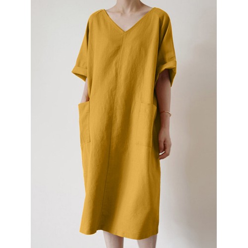 Solid Color V-neck Half Sleeve Plain Casual Pocket Dress
