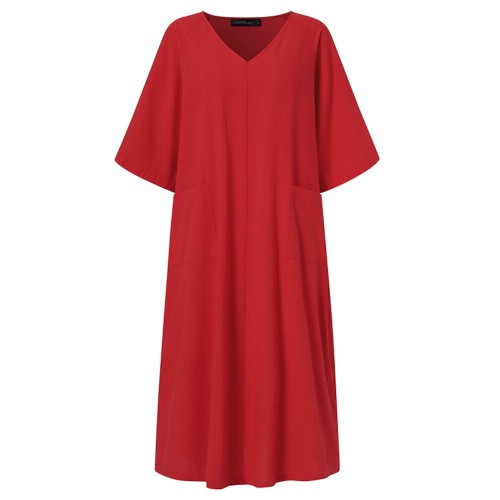Solid Color V-neck Half Sleeve Plain Casual Pocket Dress