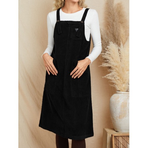 Women Corduroy Vintage Solid Pocket Sleeveless Button Strap MIdi Dress