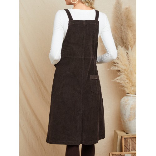 Women Corduroy Vintage Solid Pocket Sleeveless Button Strap MIdi Dress