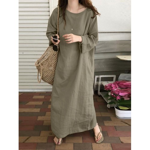 Women Long Sleeve 100% Cotton Shirt Dress Solid Color Ankle Length Pure Cotton Midi Dresses