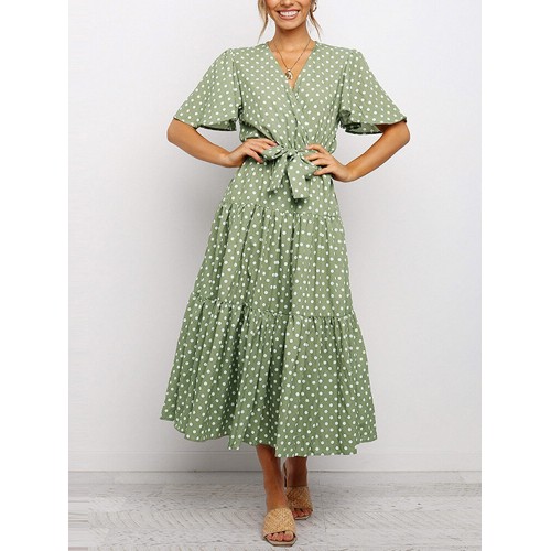 Women Polka Dot V-Neck Short Sleeve Casual Dresses With Belt