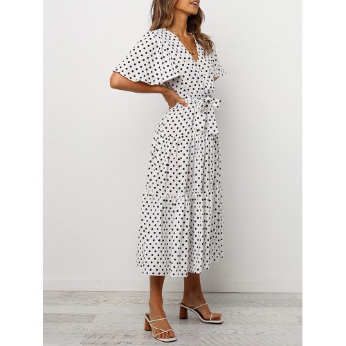 Women Polka Dot V-Neck Short Sleeve Casual Dresses With Belt