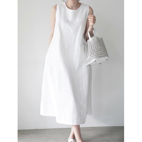 Women Solid Color Sleeveless O-Neck Casual Elegant Dress With Pockets