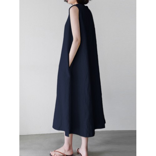 Women Solid Color Sleeveless O-Neck Casual Elegant Dress With Pockets
