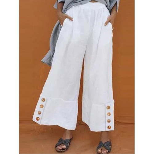 Casual Solid High Elastic Waist Button Wide Leg Pants For Women
