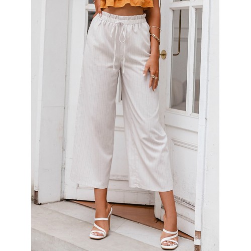 Striped Print Knotted Pocket Loose Casual Cropped Pants