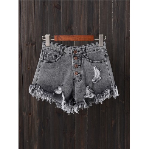 Women Button Up Pocket Loose Hollow Ripped Denim Shorts