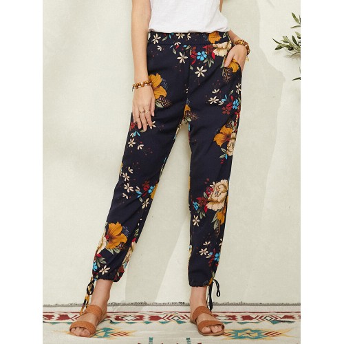 Women Floral Print Bohemian Tie Cuff Pants With Pocket