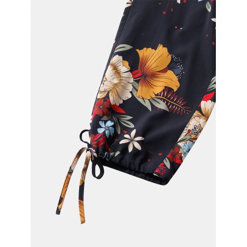 Women Floral Print Bohemian Tie Cuff Pants With Pocket