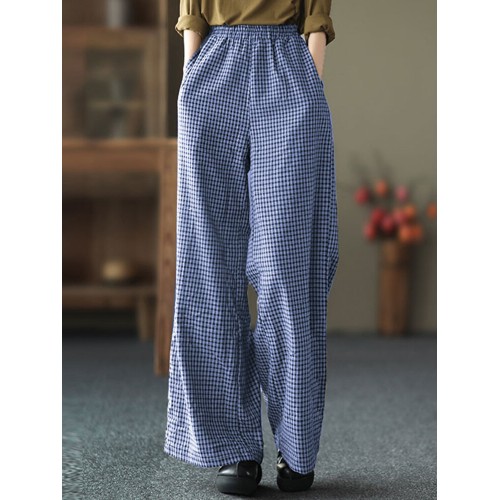 Women Plaid Wide-legged Elastic Waist Side Pocket Ankle Length Loose Pants