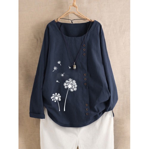 Plus Size Flower Print Crew Neck Long Sleeve Blouse