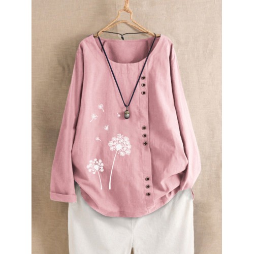 Plus Size Flower Print Crew Neck Long Sleeve Blouse