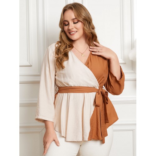 Plus Size V-neck Belt Design Patchwork Blouse