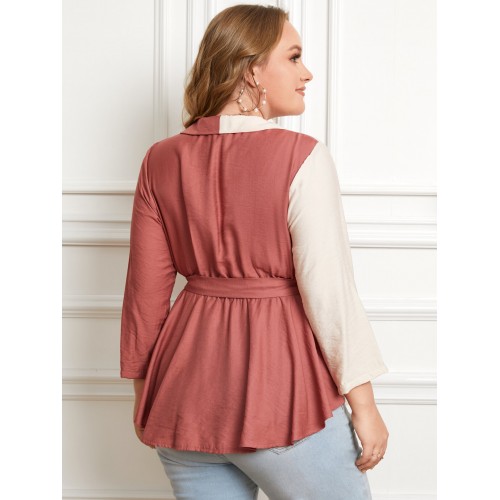 Plus Size V-neck Belt Design Patchwork Blouse